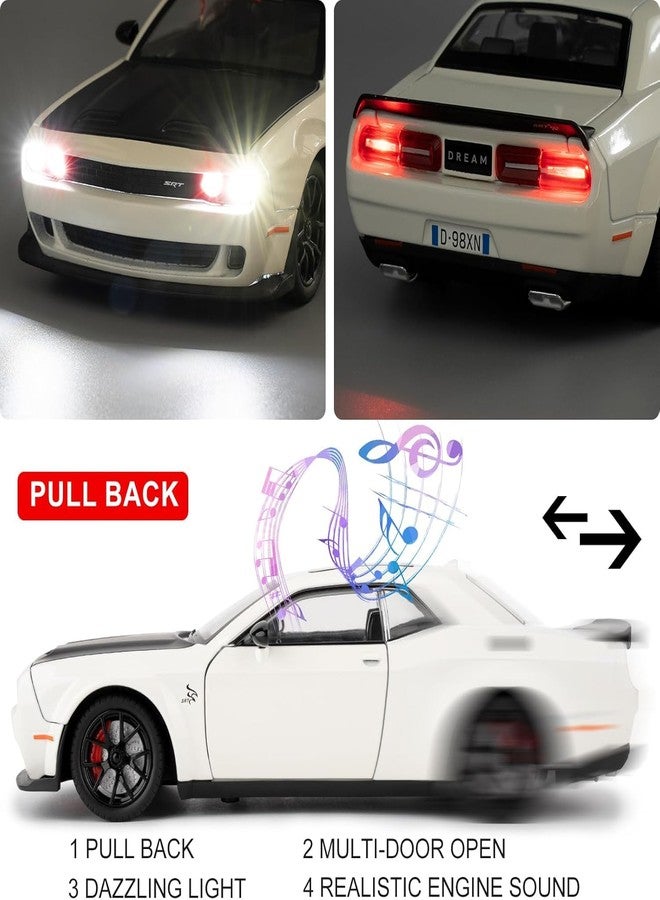 KENIRY1:24 Scale Exclusive Alloy Metal Pull Back Die-cast Car Model with Sound Light Mini Auto Toy for Kids Metal Model Toy Car with Sound and Light (1.24 Dodge Challenger-[White&Black]) - Image 2